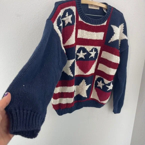 VTG 90s Grunge Thrashed Patriotic Sweater M American Flag Stars Stripes Knit - Picture 4 of 11
